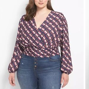 NEW Lane Bryant Classic Long-Sleeve Surplice-Neck Shirred-Waist Crop Blouse